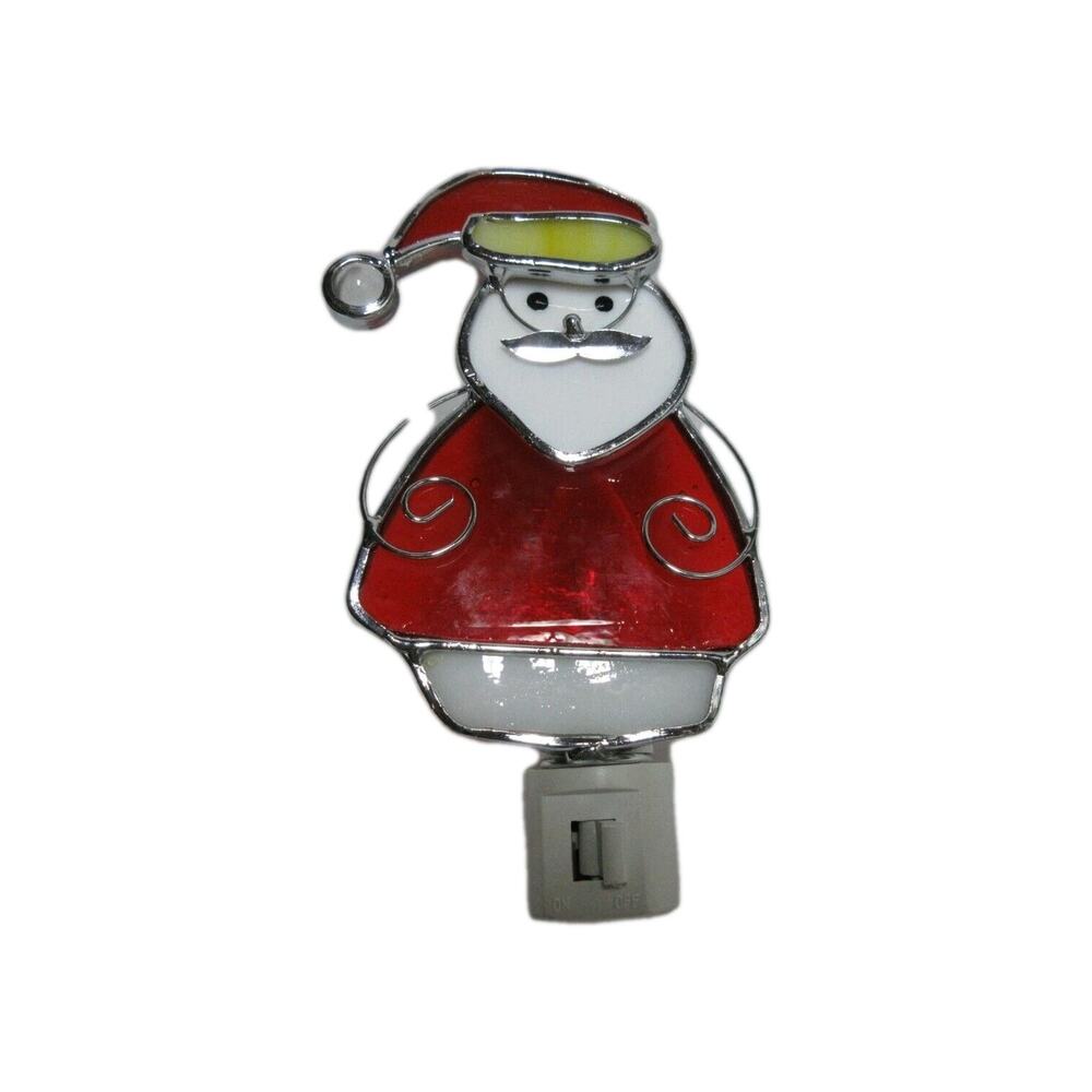SANTA Stained Glass Winter CHRISTMAS HOLIDAY- Metal Glass Wall Plug In
